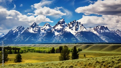 panoramic view of snowy mountain range in Wyoming, USA. photo