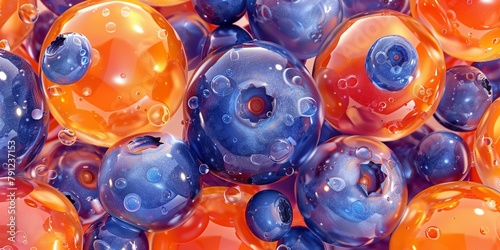 A top view and a close shot of blueberries with orange jelly with a big space for text or product advertisement backdrop, Generative AI.