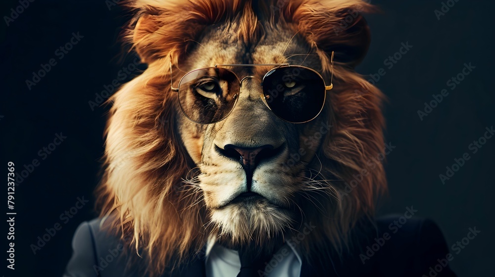 Naklejka premium LION IN SUIT WITH SHADES 