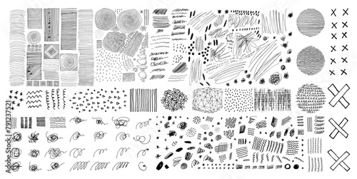 Big vector set of grungy line arrows, squiggles, crosses, textures. Hand drawn pen line block scribbles, crosshatches and dots isolated on transparent background. Contemporary creative design elements