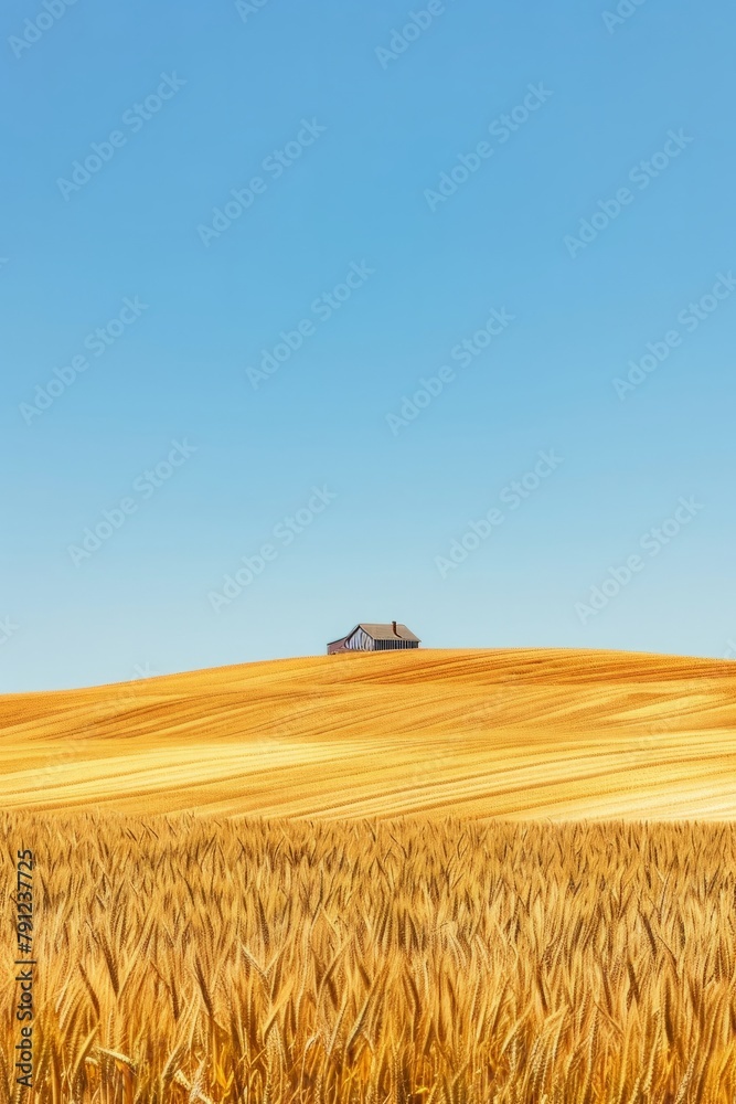 Fototapeta premium A vast golden wheat field stretching to the horizon under a clear blue sky, with a lone farmhouse nestled amidst the crops, Generative AI