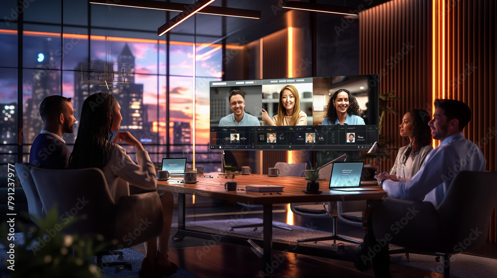 A group of people are sitting around a table in a conference room, watching a video on a large screen. Scene is professional and collaborative A group of people are sitting around a table in a conference room, watching a video on a large screen. Scene is professional and collaborative