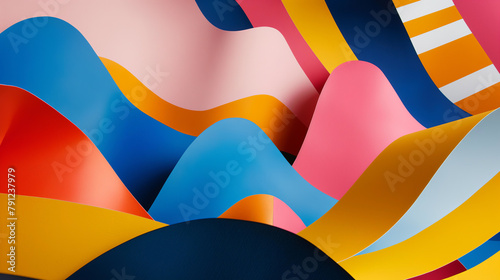 A colorful, abstract painting of a wave with a blue and pink stripe. The painting is full of vibrant colors and has a sense of movement and energy