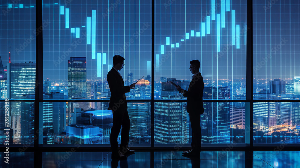 Fototapeta premium Two men are standing in front of a city skyline, looking at their tablets. Scene is focused and professional, as the men are likely discussing business or financial matters