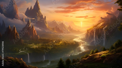Fantasy landscape with mountains, river and sunset. Digital painting.
