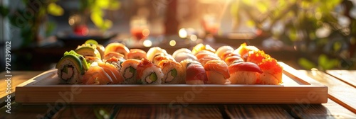 Sunset sushi dining experience - A sushi selection is presented against a backdrop of a serene sunset, inviting a tranquil dining event