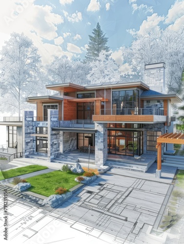 Architectural design of a modern house project - An architecturally detailed design blending a modern house sketch with a vivid, natural landscape