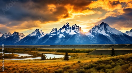 Beautiful panoramic view of snowy mountains at sunset, New Zealand