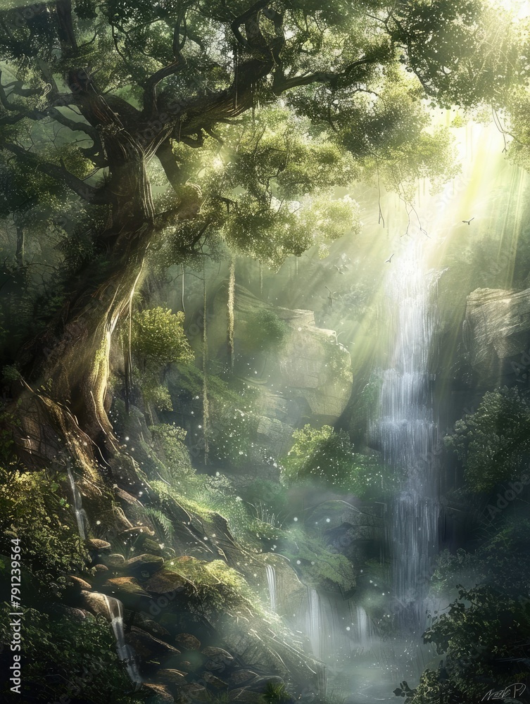 Glowing forest cascade in fairytale setting - An enchanting forest scene with a cascade bathed in a magical glow, invoking wonder and the feeling of a fairytale setting Glowing forest cascade in fairytale setting - An enchanting forest scene with a cascade bathed in a magical glow, invoking wonder and the feeling of a fairytale setting