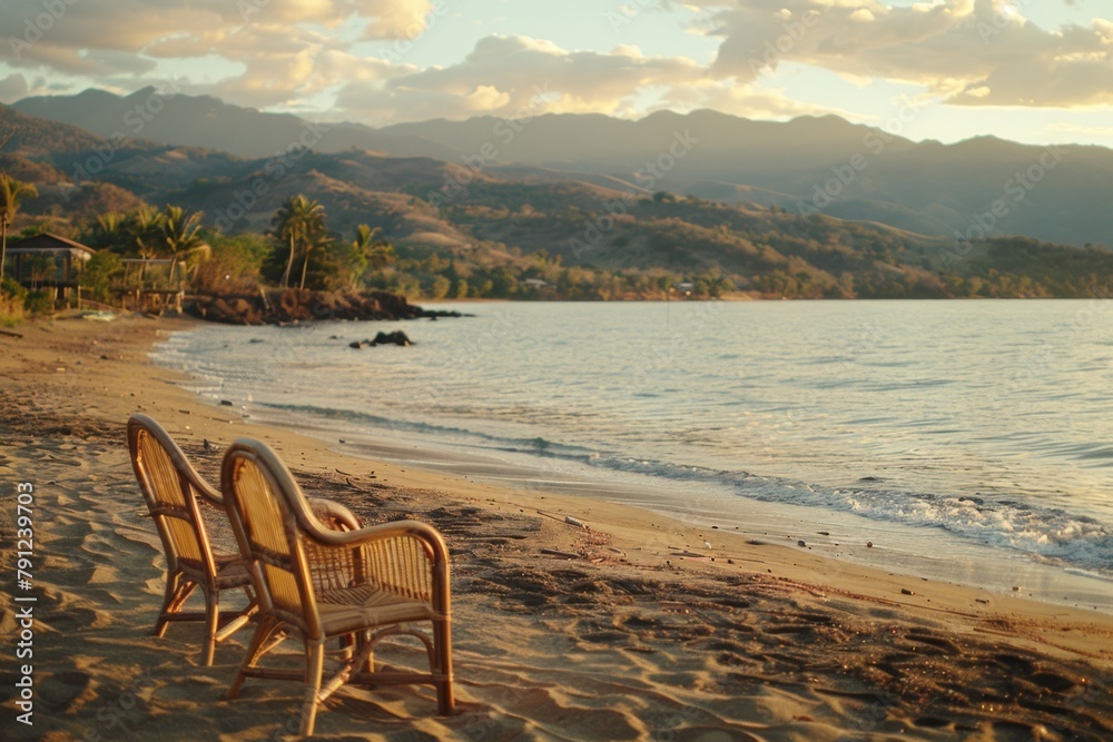 Fototapeta premium A pair of chairs summer tropical beach lapis ocean shore white sand vacation sunbathing island nature holiday clear sky weather coast seaside paradise maldives bali exotic sunny carribean