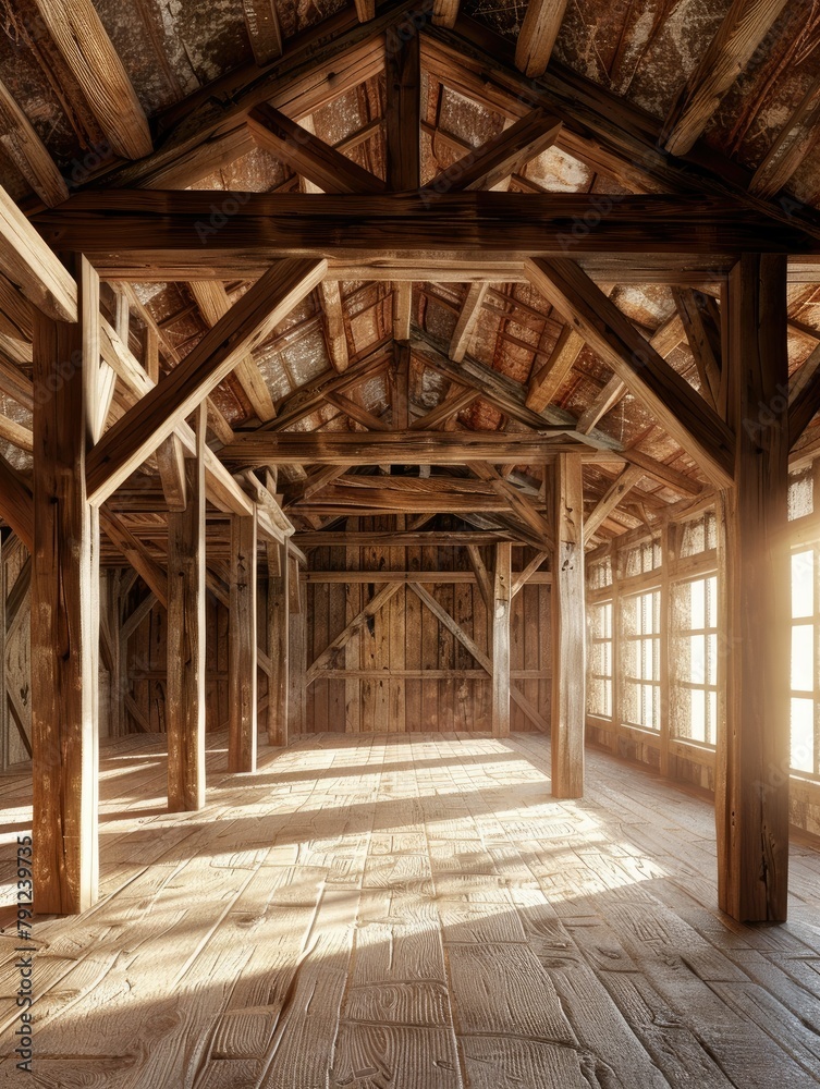 Rustic attic with intricate wooden beams - An interior view of a rustic styled attic room with detailed wooden beam construction Rustic attic with intricate wooden beams - An interior view of a rustic styled attic room with detailed wooden beam construction