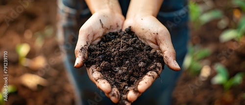 Close shot of a unrecognized woman hand holding compost moist soil in hand with a blurry field view and0 space for text or advertisement backdrop, Generative AI. photo