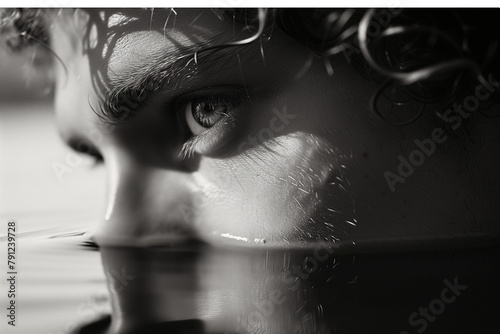 black and white image of a handsome young man in profile with dramatic chiaroscuro effect