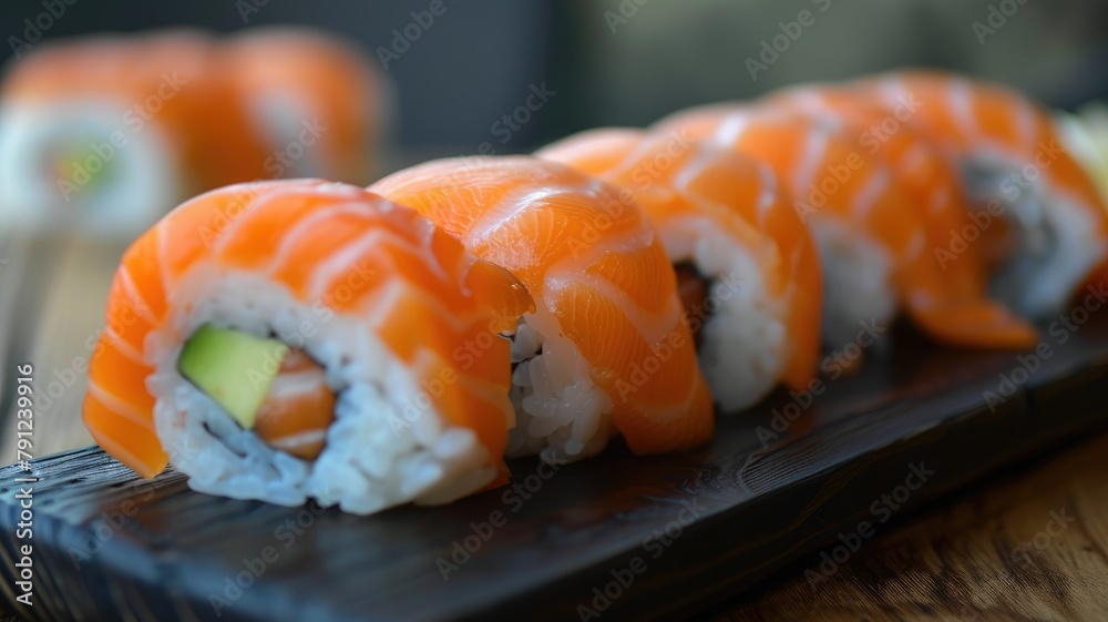 Delicious salmon sushi served on a plate - Close-up view of fresh salmon sushi rolls with a shiny glaze served elegantly on a dark rectangular plate