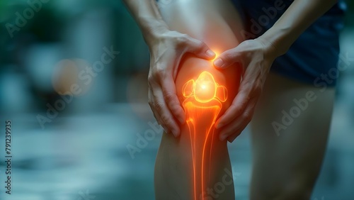 Person massaging knee with animated glowing joint symbolizing pain relief and selfcare. Concept Joint Pain Relief, Animated Illustration, Self-Care, Healing Massage, Healthy Lifestyle