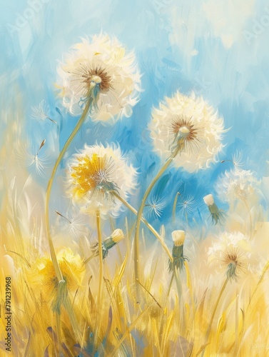 Dandelions dancing in a whimsical meadow - Dandelion seeds are carried by the wind across a sunlit field painted with soft strokes and vibrant colors