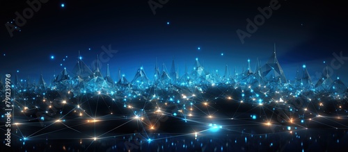 futuristic city with glowing lights on dark blue background