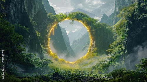 Gateway to Enchantment Magical Portal Amidst Forest and Mountains