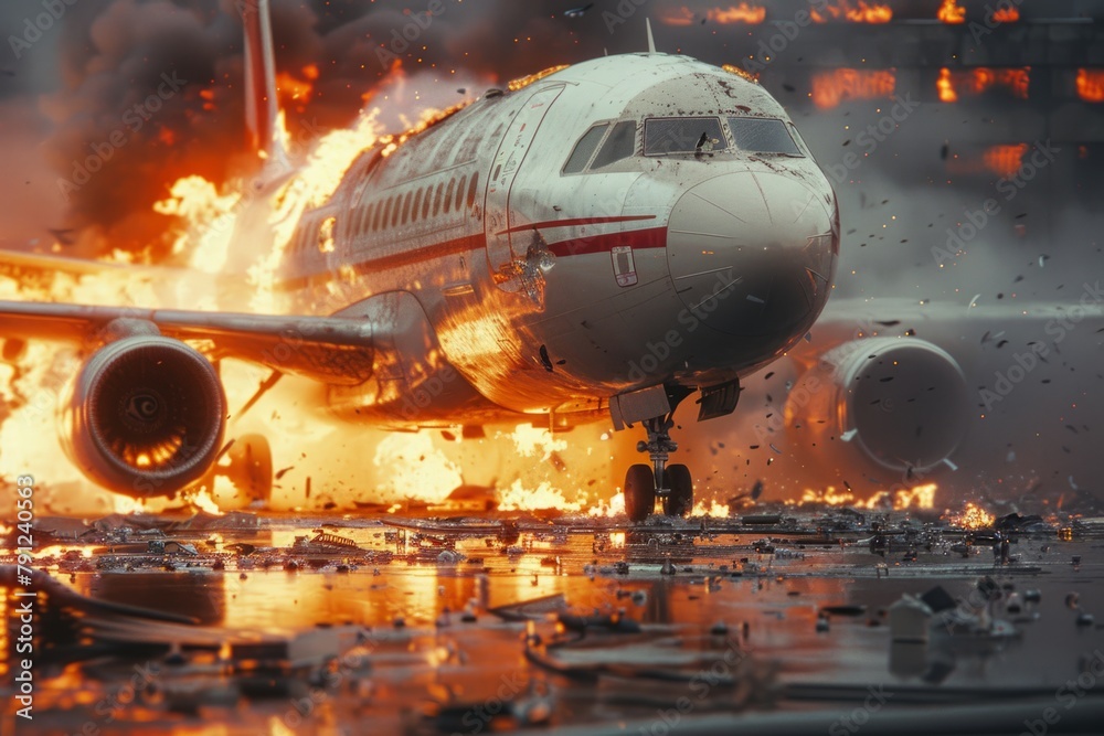 Plane crash airplane on runway catastrophe burning wrecks engine fire failure explosion fuel danger rescuing passengers commercial jet accident takeoff landing collision