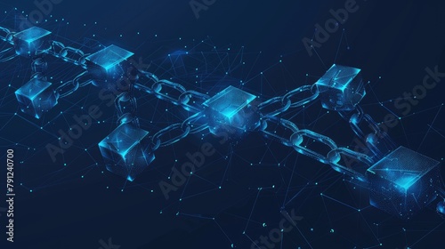 Blockchain network graphic with interconnected blocks and secure chains