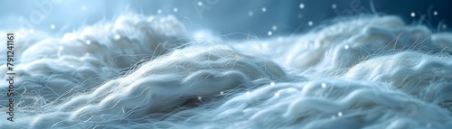 A close up of a white fur blanket with snowflakes falling on it.