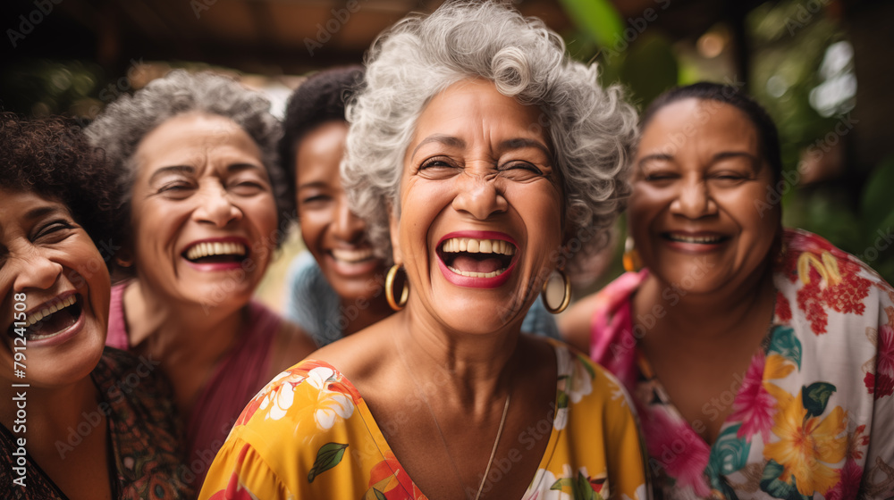 Joyous Women Sharing Laughter in Lush Greenery. Heartwarming group of diverse, mature women share a moment of uninhibited laughter among lush green foliage, celebrating life and friendship.