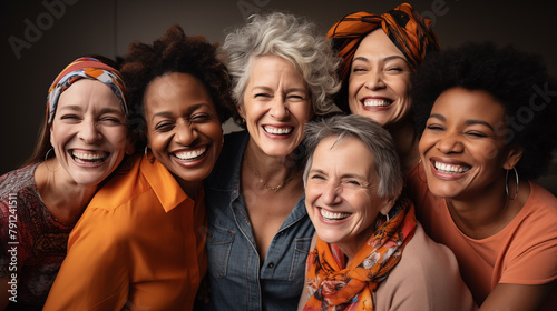 Diverse Group of Women Sharing Genuine Laughter. Captivating portrait of a diverse group of women, united by joyful laughter and radiant smiles, sharing a close moment. photo