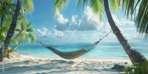 Portrait of a hammock is hanging on a palm tree with a beautiful sea view and a big space for text or travel type product backdrop, Generative AI.