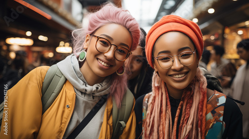Trendy Friends Smiling in Urban Marketplace. Two fashionable young friends with vibrant hairstyles smile brightly, bringing a trendy vibe to the bustling urban market around them.