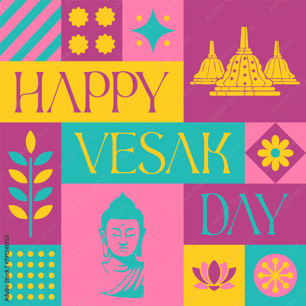 Happy Vesak Day Buddhist seamless pattern in scandinavian style postcard with Retro clean concept design
