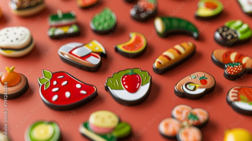 Blank mockup of a variety of foodthemed enamel pins perfect for foodies and food bloggers .