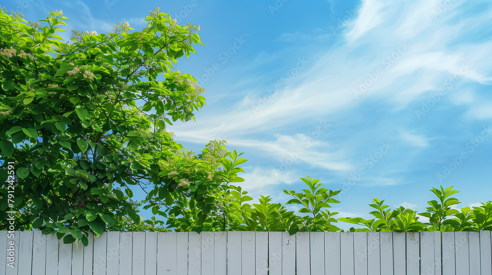 A white picket fence with green leaves on it. The sky is blue and clear. The fence is in front of a tree A white picket fence with green leaves on it. The sky is blue and clear. The fence is in front of a tree