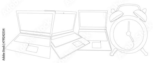One continuous line of Laptop with Alarm Clock. Thin Line Illustration vector concept. Contour Drawing Creative ideas.
