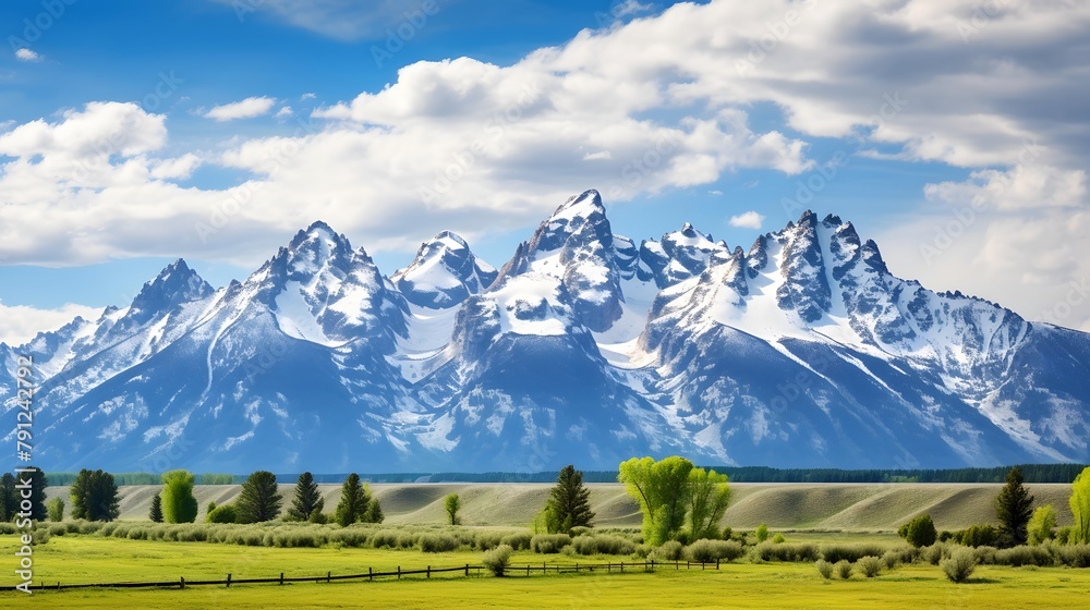 Panoramic view of snow capped mountains and green meadow in spring