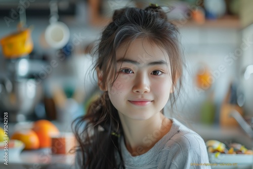 Youthful Asian Female with Playful Smile in Home Kitchen. Youthful Asian female gives a playful smile amidst a warm kitchen setting, hinting at the joy of a carefree morning.