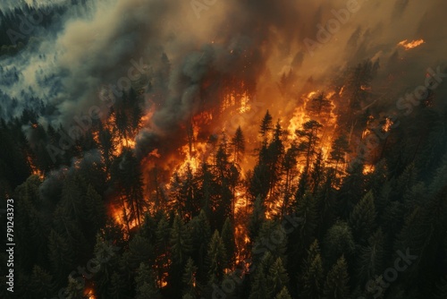 Wildforest fire burning forest trees eecological disaster smoke aerial view from helicopter danger death animals damage hazard blaze pollution tragedy © Yuliia