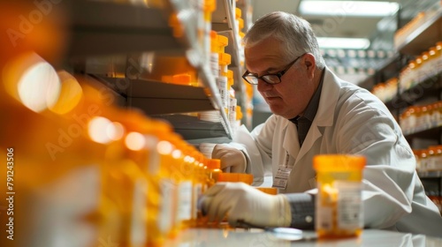 Closeup of a pharmacist carefully inspecting and verifying medications before they are p into the dispensing system. . photo