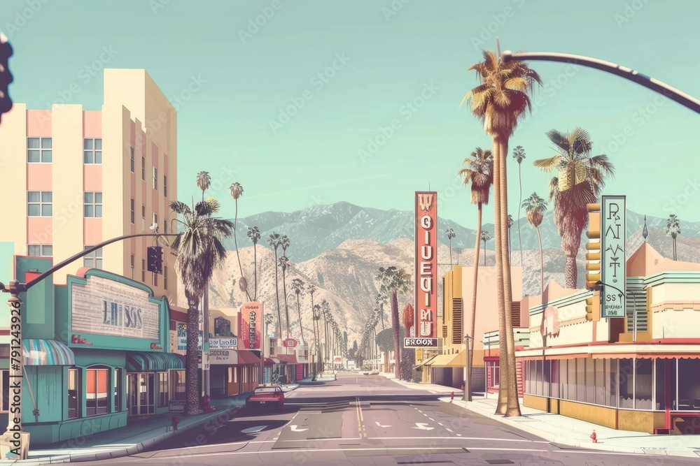 A retro-inspired cityscape with pastel-colored buildings, palm trees, and vintage billboards lining the streets, Generative AI