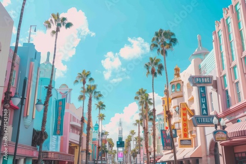 A retro-inspired cityscape with pastel-colored buildings, palm trees, and vintage billboards lining the streets, Generative AI