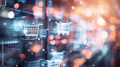 A blurred backdrop of Ecommerce Abstract filled with an array of tered symbols such as shopping carts credit cards and mobile devices. The defocused effect adds a touch of dreamy abstraction . photo