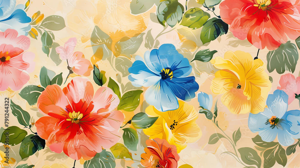 A floral patterned carpet with a variety of flowers including red, yellow, and blue. The carpet is a mix of different colors and textures, creating a vibrant and lively atmosphere A floral patterned carpet with a variety of flowers including red, yellow, and blue. The carpet is a mix of different colors and textures, creating a vibrant and lively atmosphere