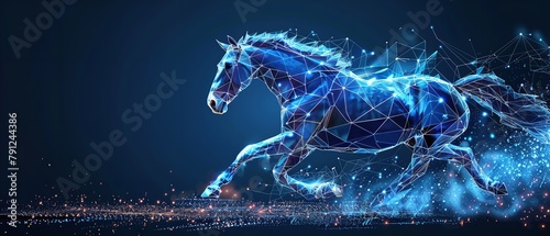 A modern art artwork depicting a horse rushing in a low polygonal layout over a backdrop of blue geometric wireframe components and space, Generative AI.