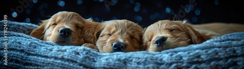 Three cute golden retriever puppies sleeping on a blue blanket photo