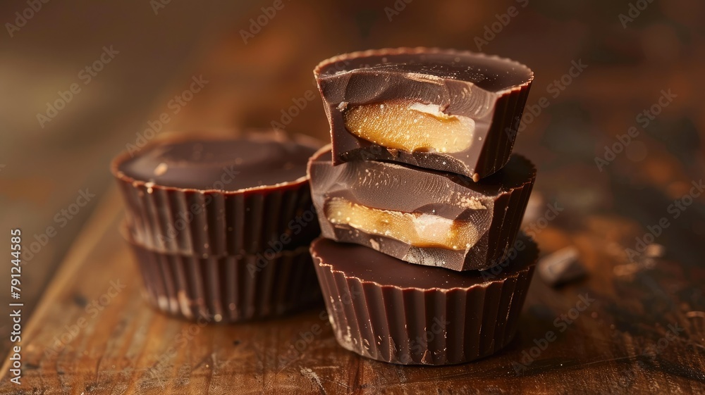 Peanut butter cups stack with a bite taken - Inviting stack of chocolate peanut butter cups with one having a bite taken out Peanut butter cups stack with a bite taken - Inviting stack of chocolate peanut butter cups with one having a bite taken out
