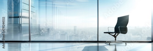 Modern office interior with city view and chair - High-resolution image of an empty modern office space with a stylish chair and panoramic view of a cityscape