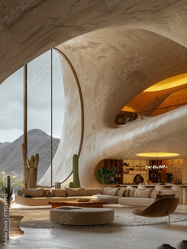 Modern Desert Home Interior with Curved Architecture and Cacti