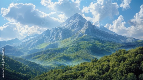 Landscape of a green mountain peak against a blue sky with green tree branches on canvas in Catalonia Pyrenees