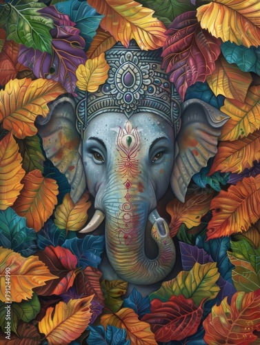 Colorful elephant illustration with autumn leaves - Stunning illustration of an elephant surrounded by autumn leaves, symbolizing wisdom and nature's beauty