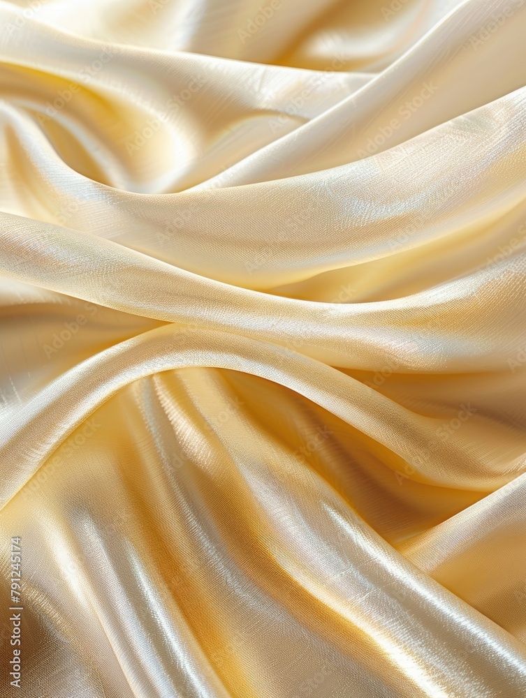 Fototapeta premium Satin gold fabric texture in artistic fold - The luxurious feel of satin fabric in a golden hue, richly textured and artistically folded, conveying opulence and elegance in design