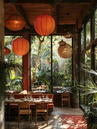 Elegant Restaurant Interior with Tropical Plants and Paper Lanterns © lin